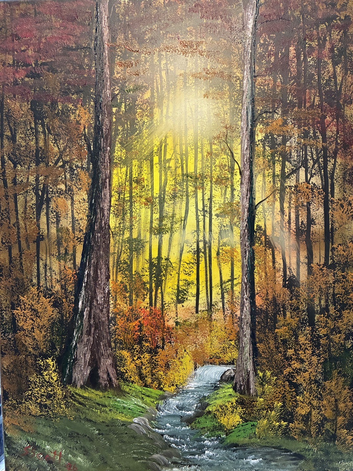 Landscape painting of an autumn forest with a stream