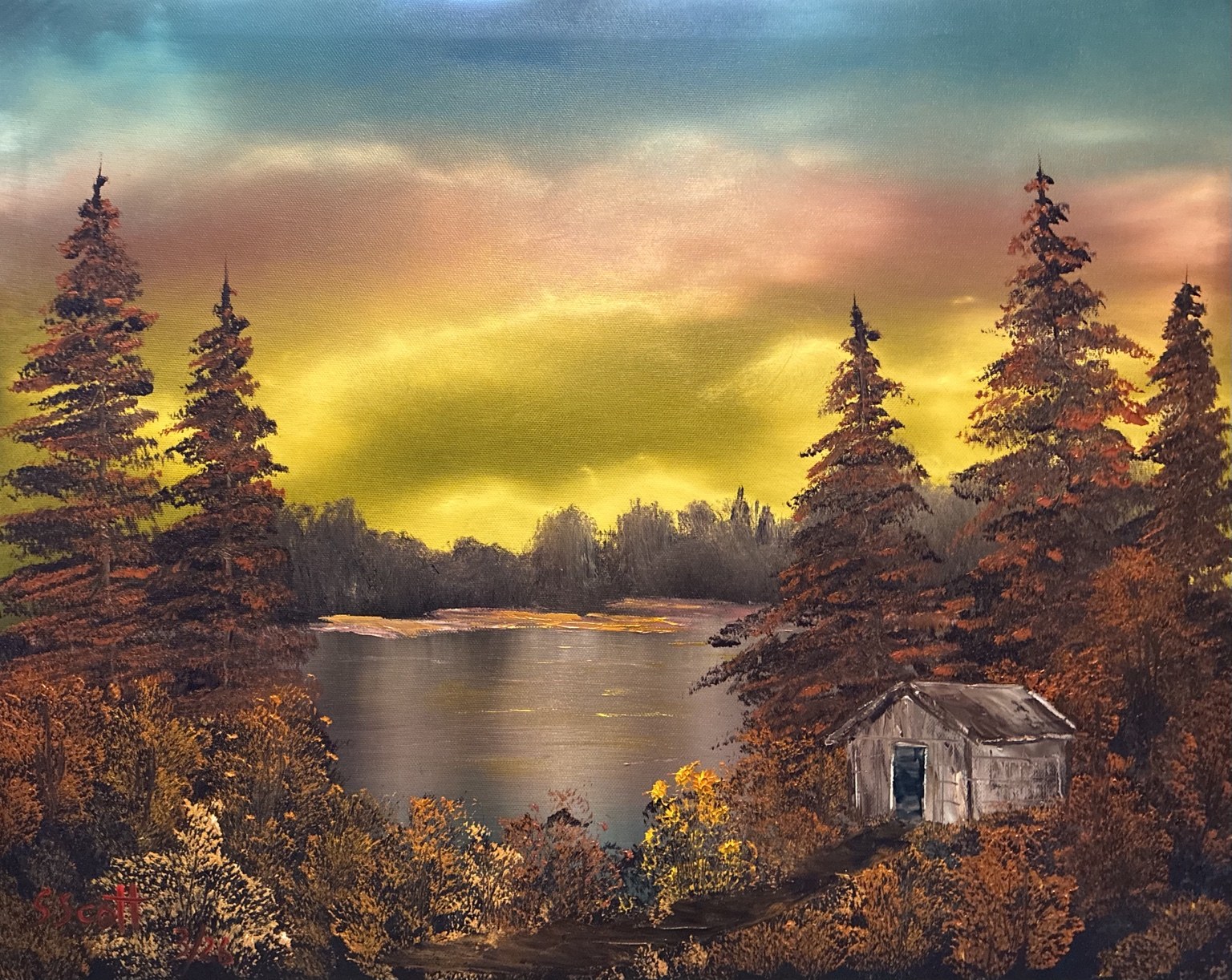 Landscape painting of a lake and cabin at sunset