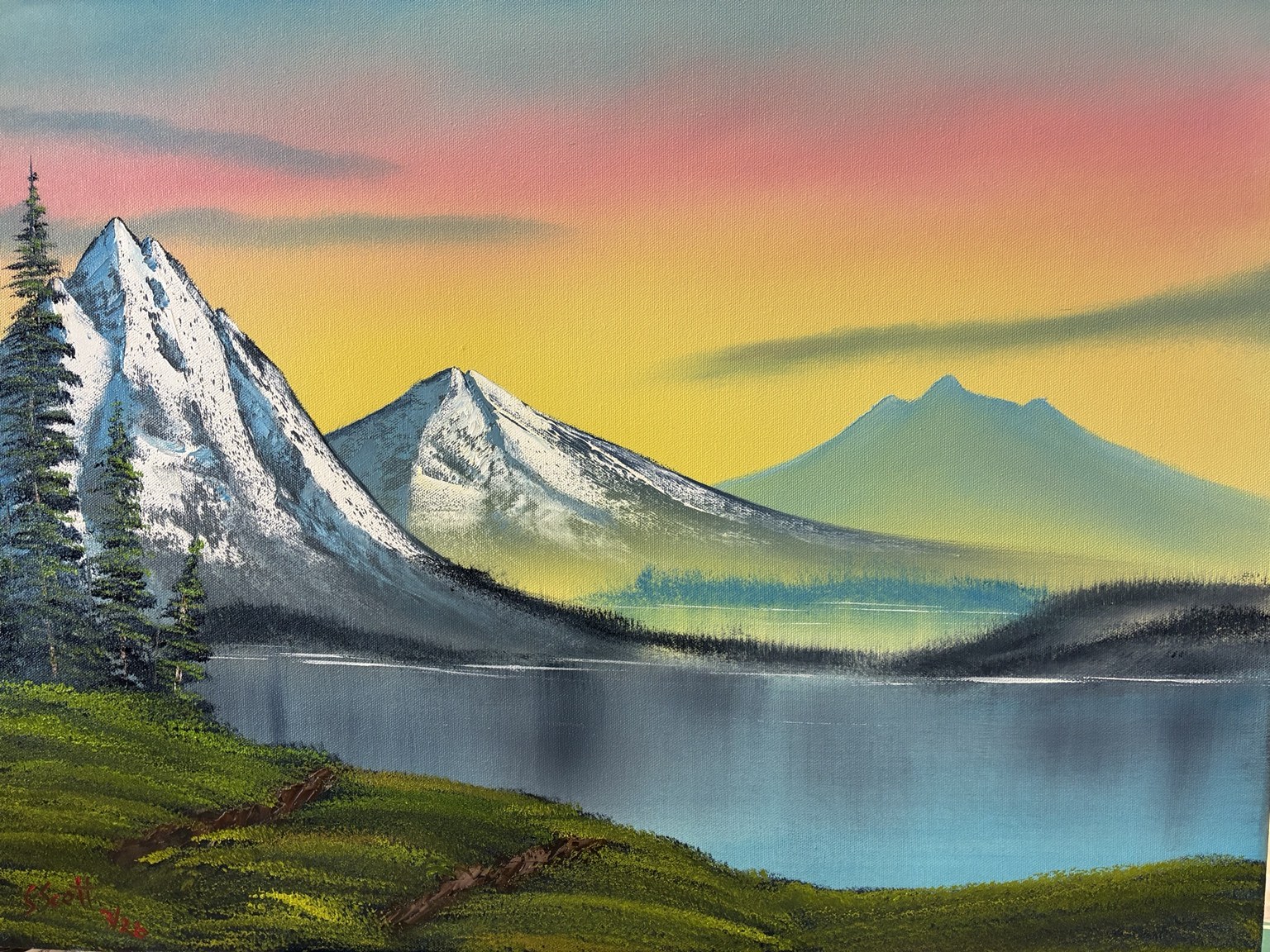 Landscape painting of mountains beside a lake